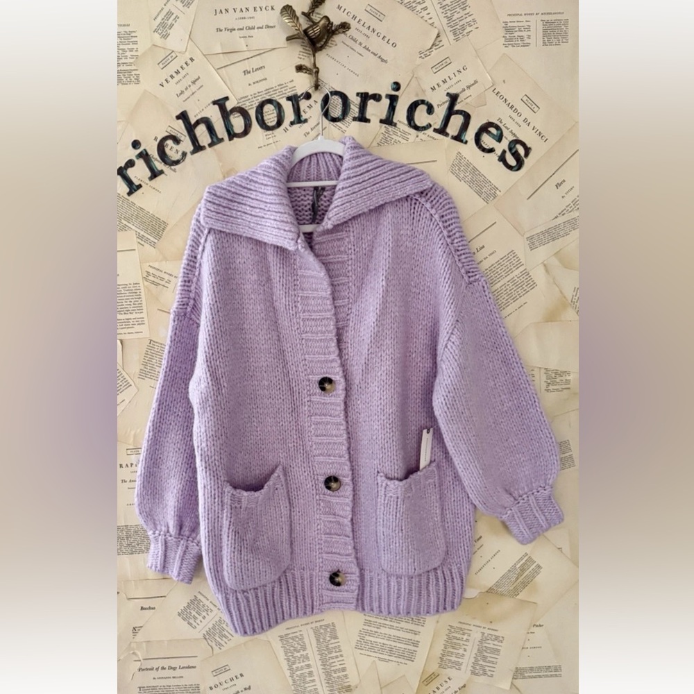 Anthropologie Slouchy Cosy Cardigan Cable Knit Ribbing Button Front Lavender - Picture 5 of 6
